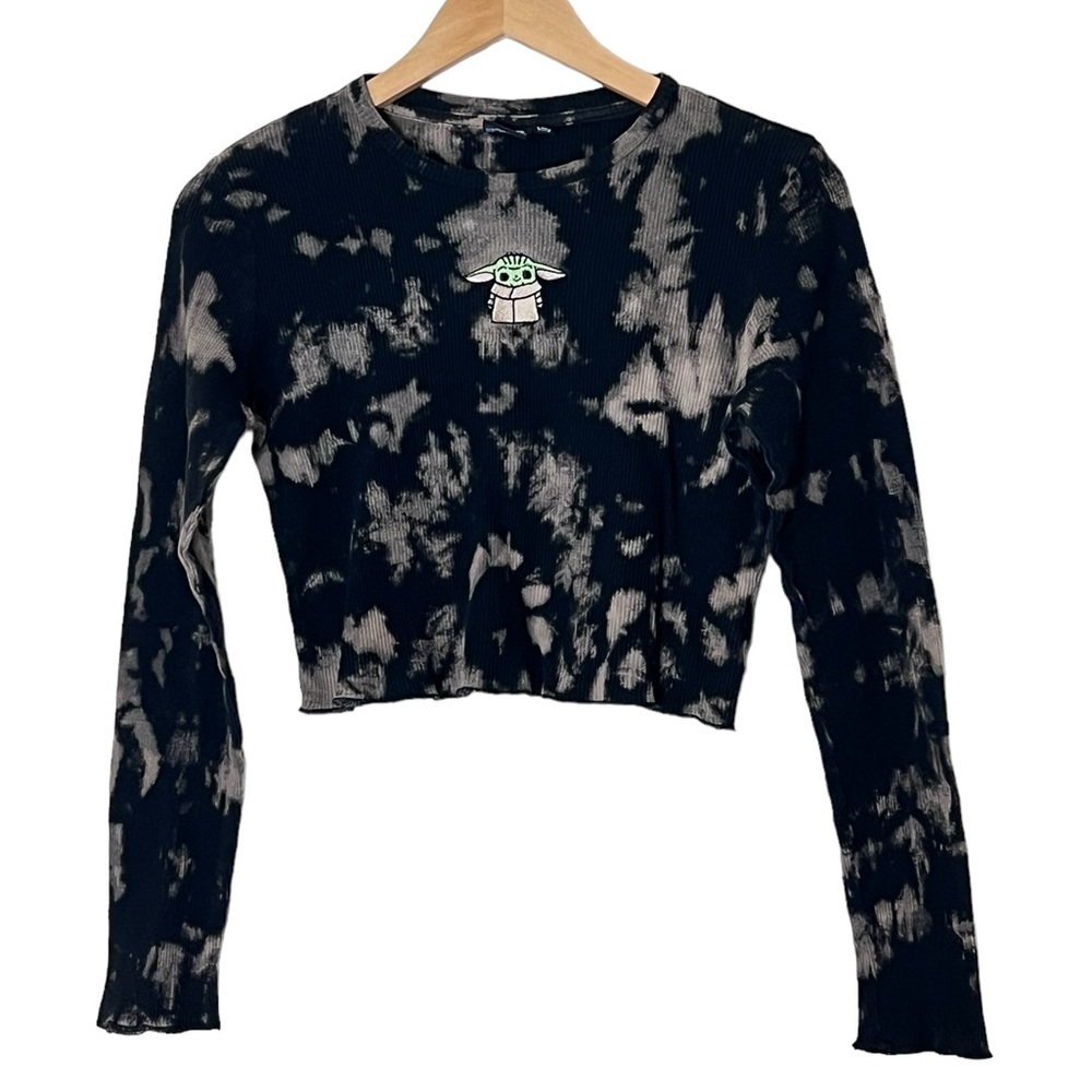Star Wars | Baby Yoda graphic waffle tee bleached black long sleeve siz…